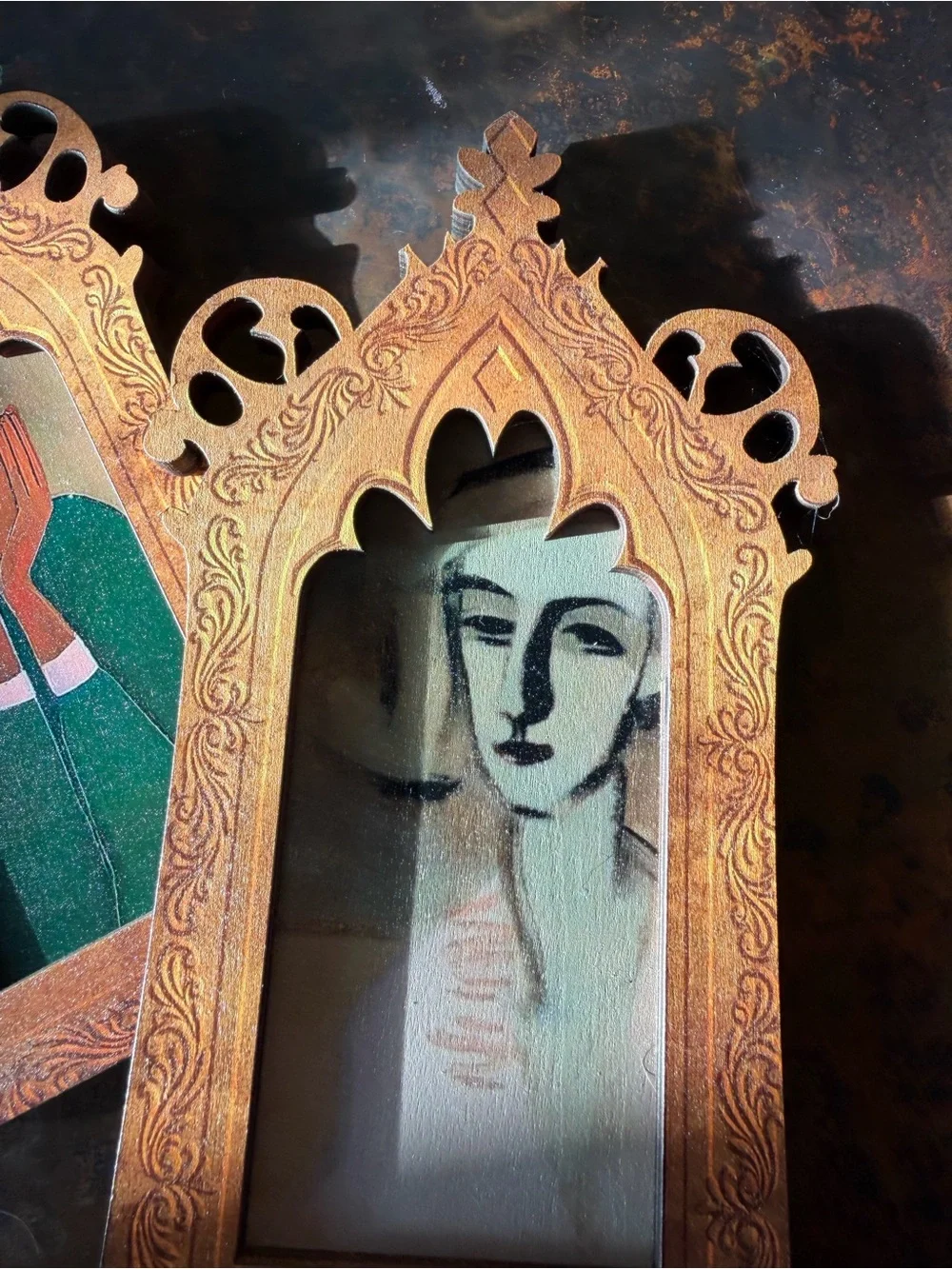 Set of 2 Folk Art Portraits Ornate Gothic Wood Frames Boho Eclectic Wall Decor